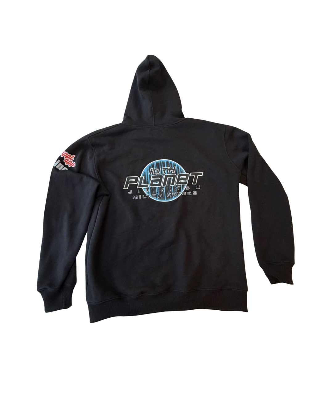 Black hoodie with a 10th planet milton keynes design on the back