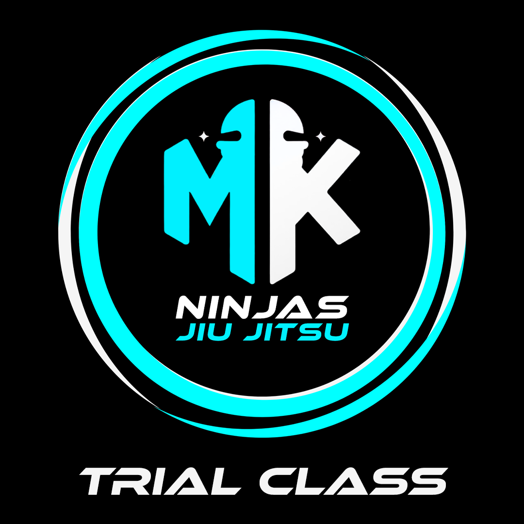 MK Ninjas Jiu Jitsu logo with 'Trial Class' text on a black background