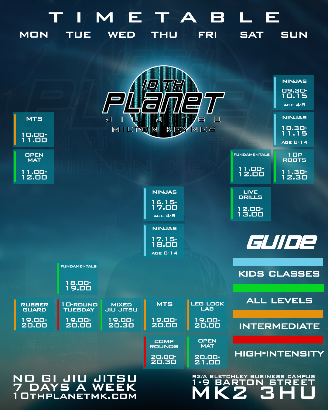 Timetable for 10th Planet MK with class schedules and contact information.