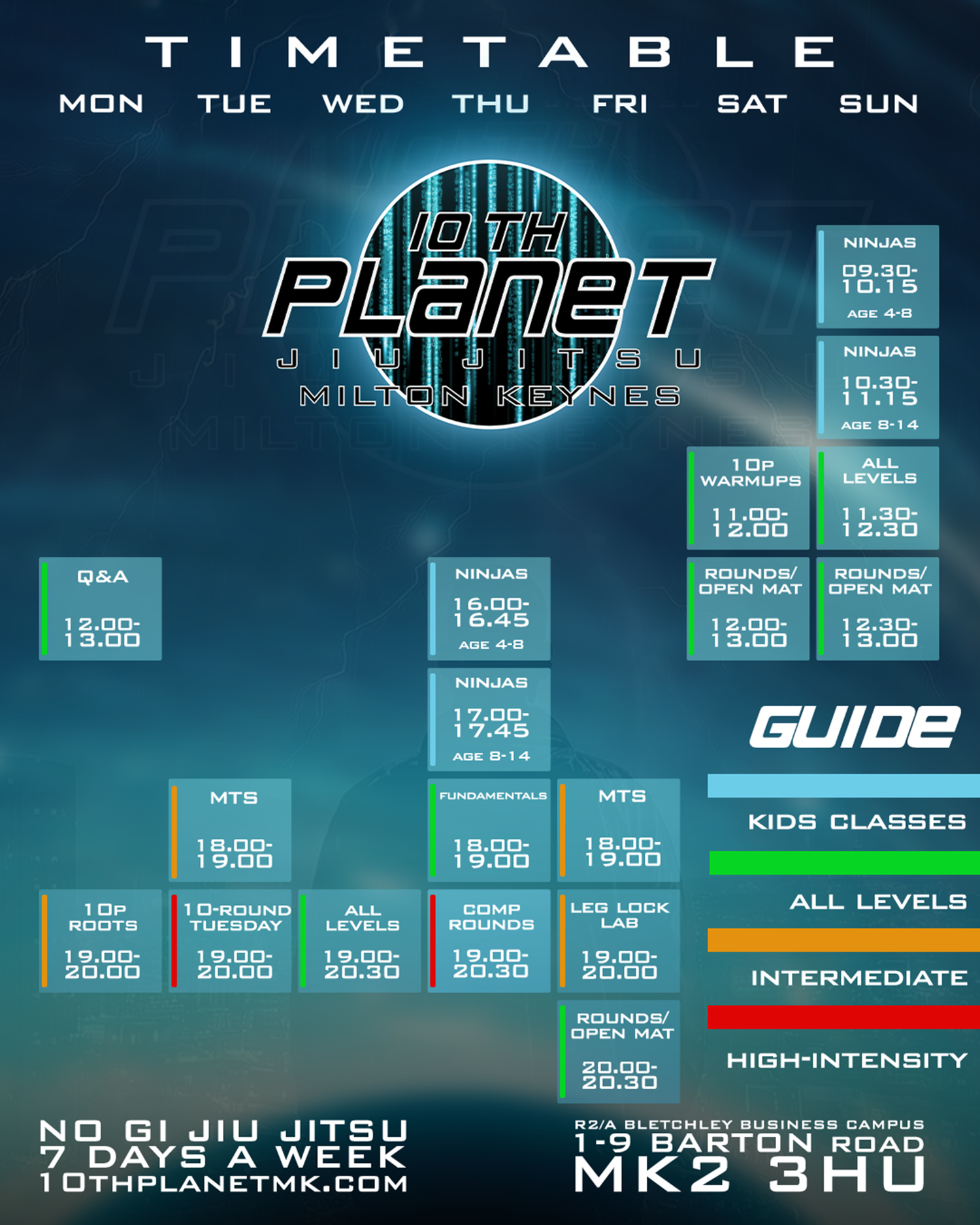 Timetable for 10th Planet Jiu-Jitsu Milton Keynes with class schedules and locations.