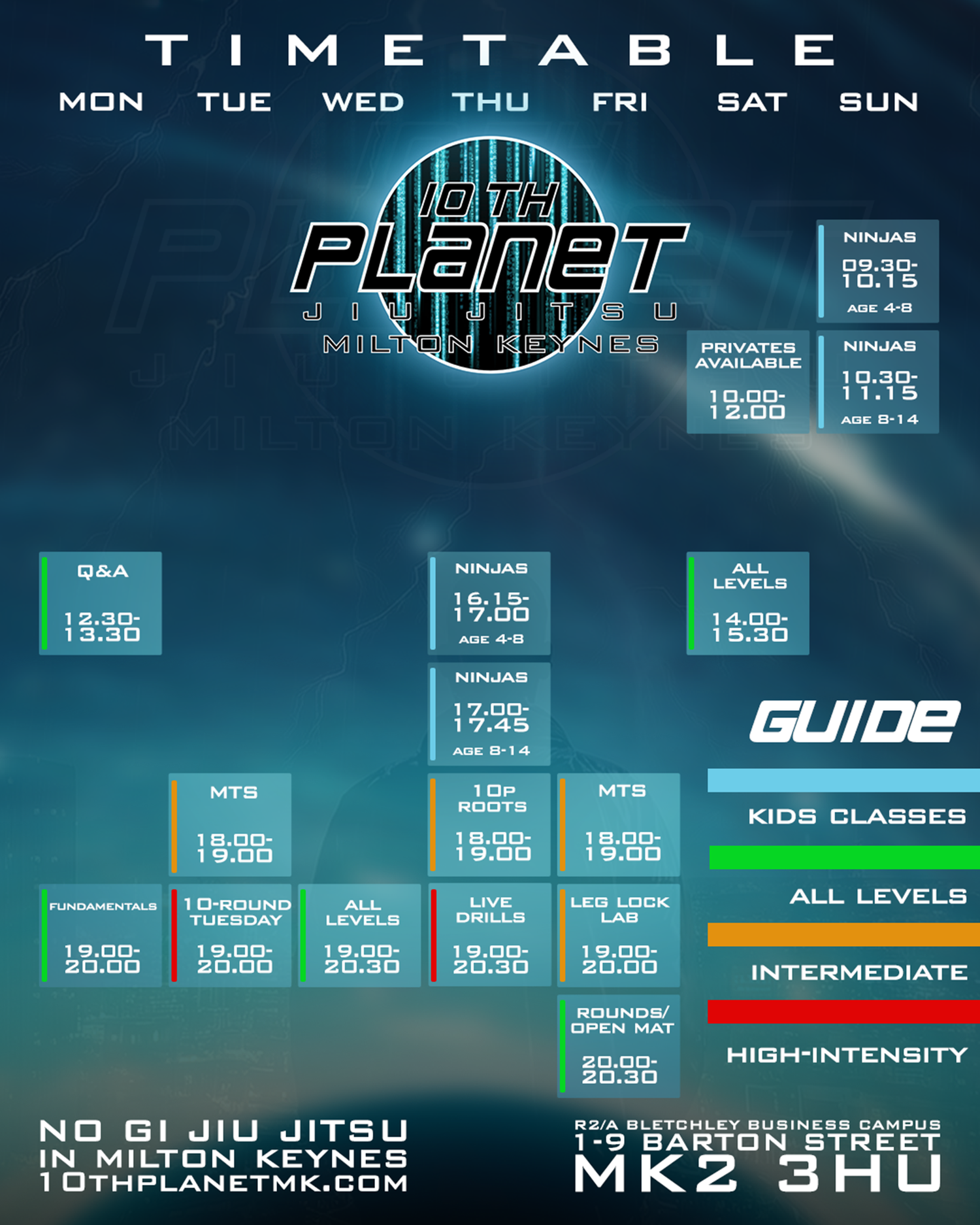 Timetable for 10th Planet Jiu Jitsu in Milton Keynes with class times and locations.