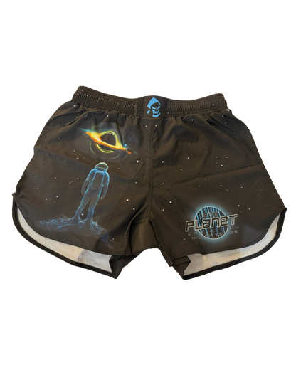 black bjj shorts with 10th planet milton keynes logo and an astronaut staring into a black hole