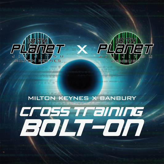 Promotional graphic for 10th Planet Jiu-Jitsu in Milton Keynes and Banbury with a space-themed design.