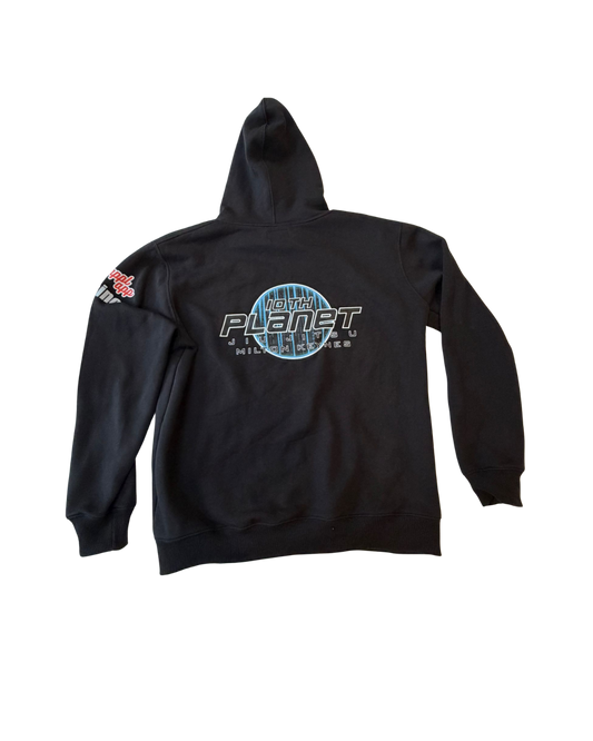 Black hoodie with a 10th planet milton keynes design on the back