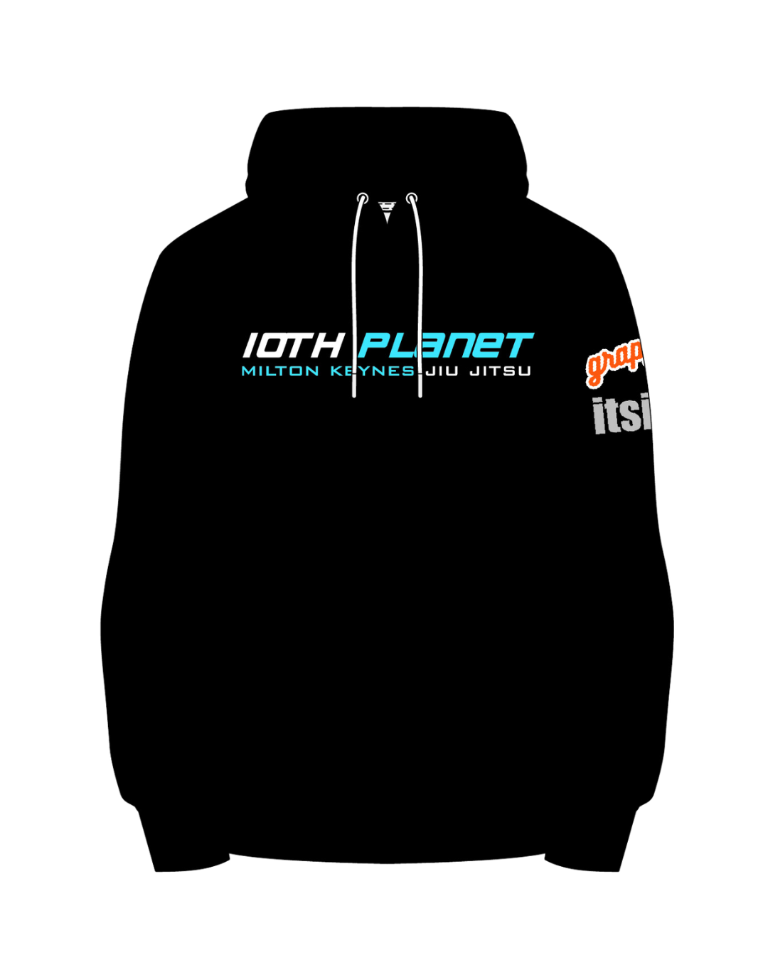 Black hoodie with text on a white background