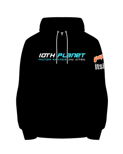 Black hoodie with text on a white background