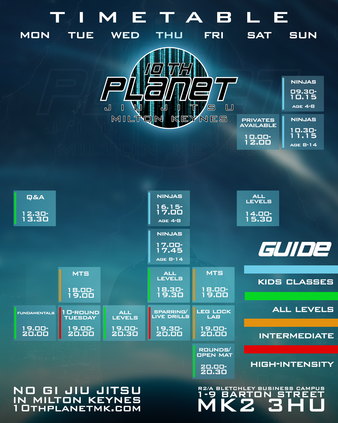 Timetable for 10th Planet Jiu Jitsu with class schedules and location details.