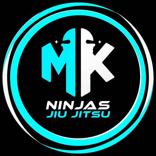 Logo of MK Ninjas Jiu Jitsu with blue and white design on a black background