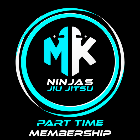 Logo of MK Ninjas Jiu Jitsu with a part-time membership offer on a black background.